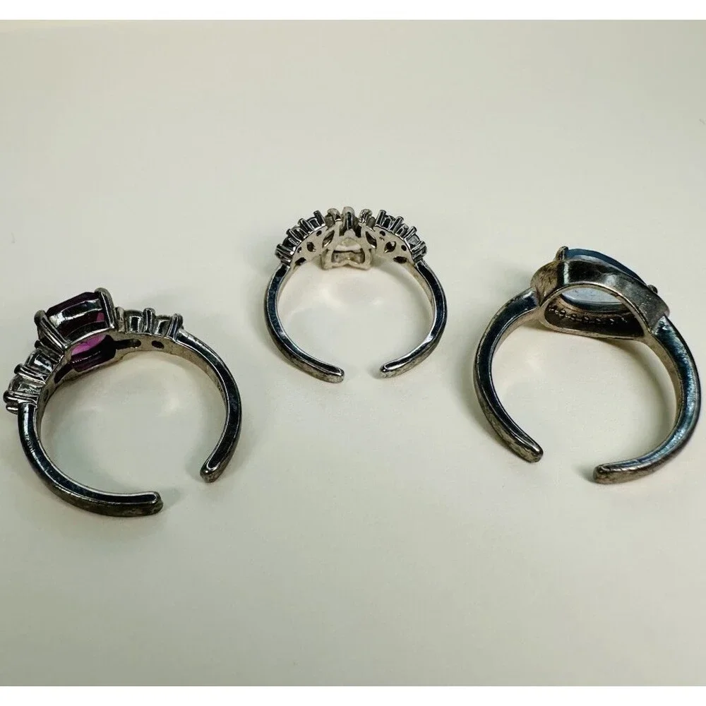Bomb Party 3Pc Adjustable Ring Lot Size 4/5 Pink Blue Rhodium Heavy Wear